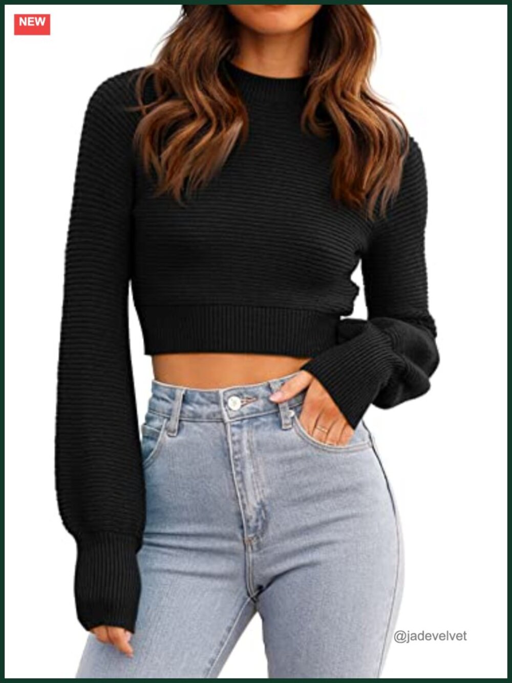 Womens Ribbed Knit Cropped Sweater Long Sleeve Crew Neck Pullover